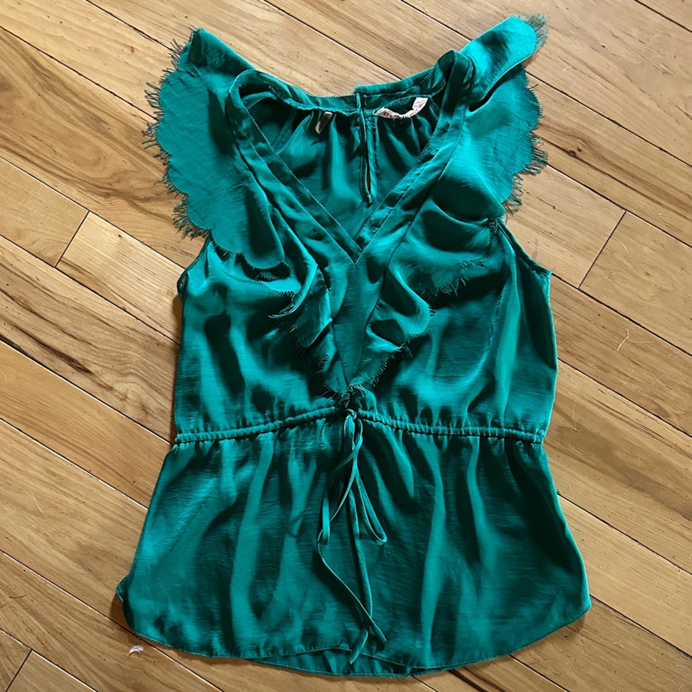 Rebecca Taylor Green Sleeveless Ruffled Tie Front Blouse